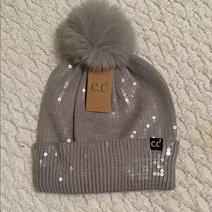C.C Gray Sequin Pom-Pom Beanie